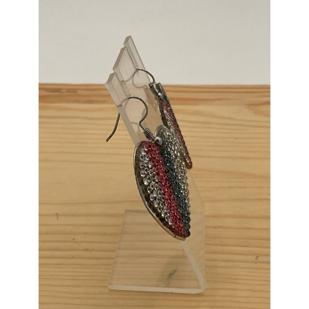 Heart Shaped Dangle Drop Earrings Red White Blue Rhinestones - Picture 2 of 4